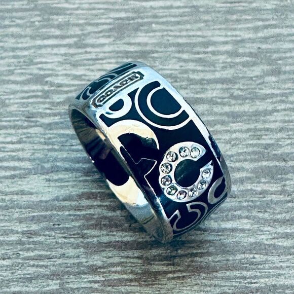 Coach Silver Black Crystal C Logo Enamel Ring - Picture 1 of 4